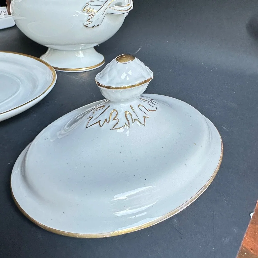 Vintage Porcelain Sauce Tureen Lid Underplate White Gold Trim 3pc Cottagecore